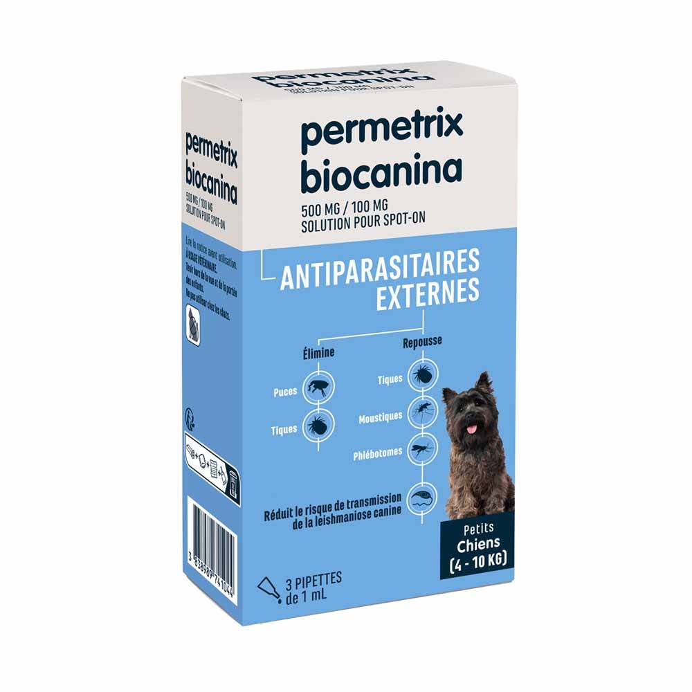 Biocanina Antiparasitaire externe Solution pour spot-on pour petits chiens de 4 kg a 10 kg Permetrix 3 pipettes