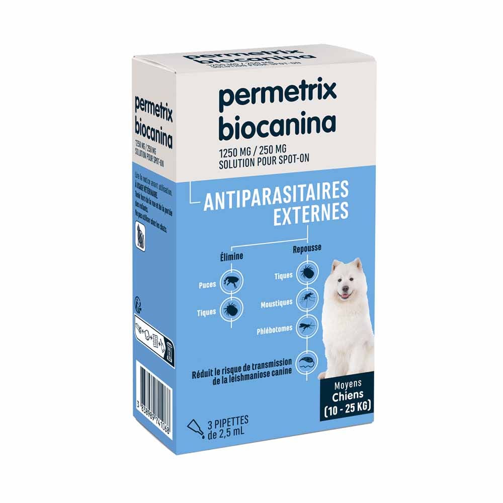 Biocanina Antiparasitaire externe Solution pour spot-on pour chiens moyens de 10 kg a 25 kg Permetrix 3 pipettes