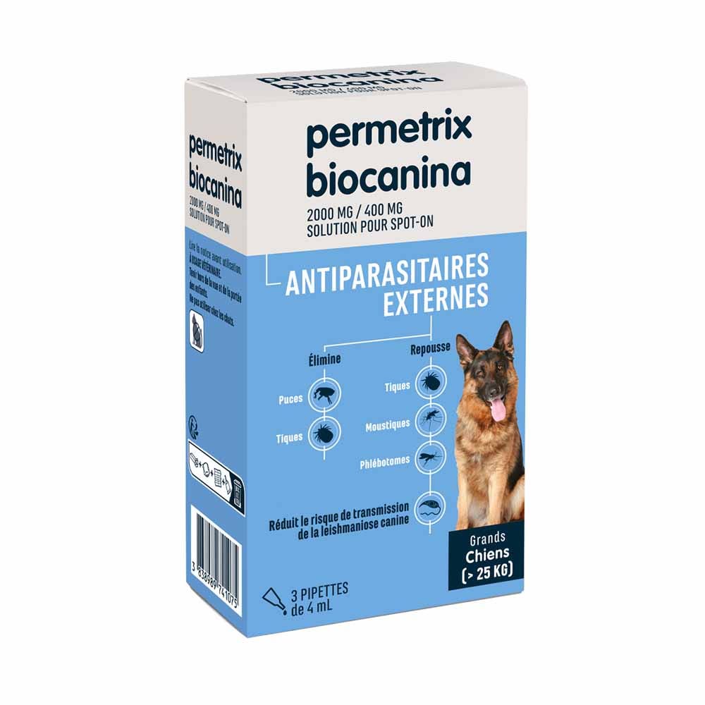 Biocanina Antiparasitaire externe Solution pour spot-on pour grands chiens de plus de 25 kg Permetrix 3 pipettes