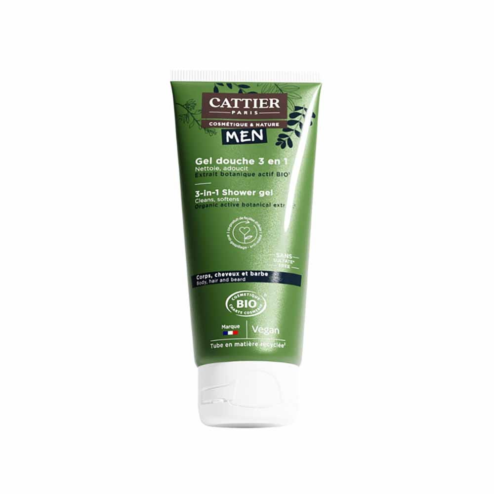 Cattier Homme Gel Douche 3 en 1 Bio Corps, Cheveux et Barbe 200ml