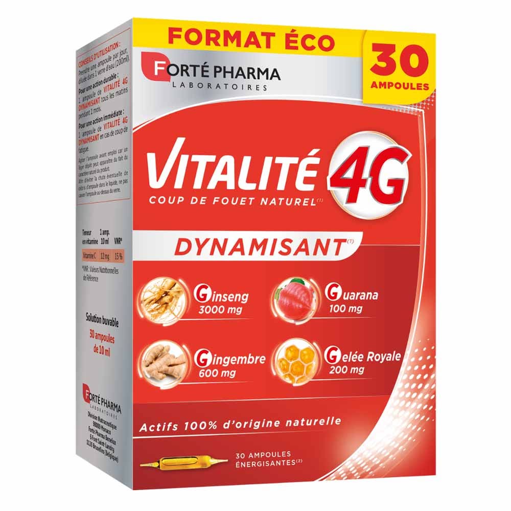 Forté Pharma Vitalité 4G Dynamisant Naturel Ginseng Gingembre Gelée Royale et Guarana 20 + 10 ampoules offertes
