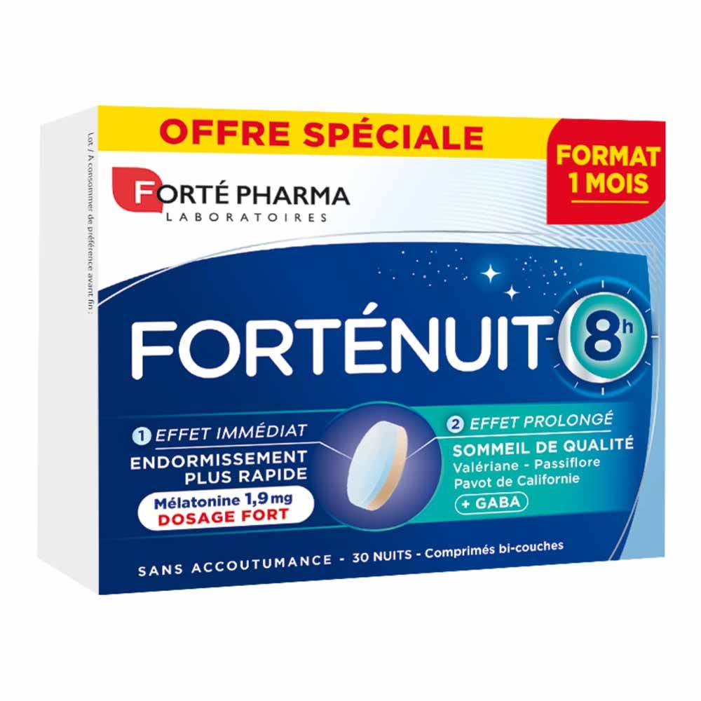 Forté Pharma Forté Nuit Sommeil 8H Mélatonine et Plantes Sommeil de Qualité 30 comprimés bi-couches