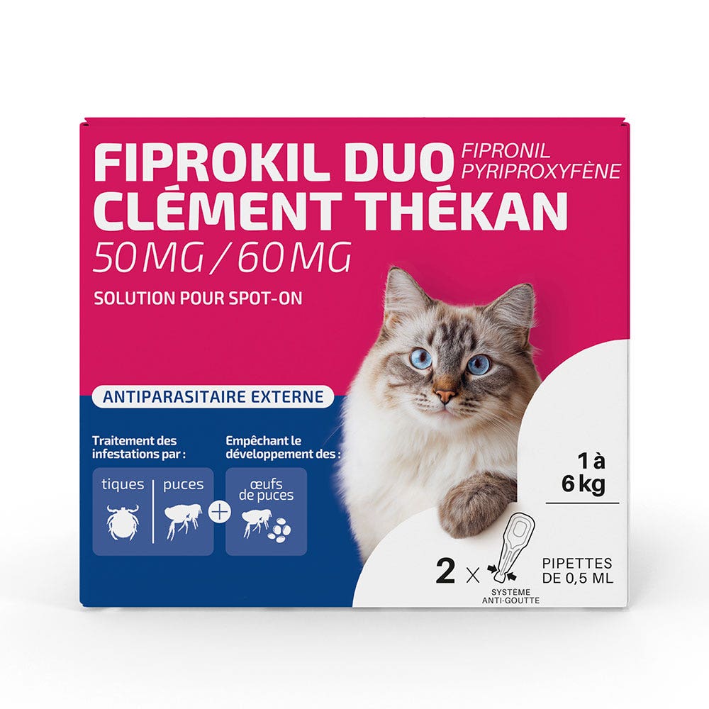 Clement-Thekan Fiprokil Duo Anti-Puces Chat et Anti-Tiques Chats 1-12 kg 2 pipettes