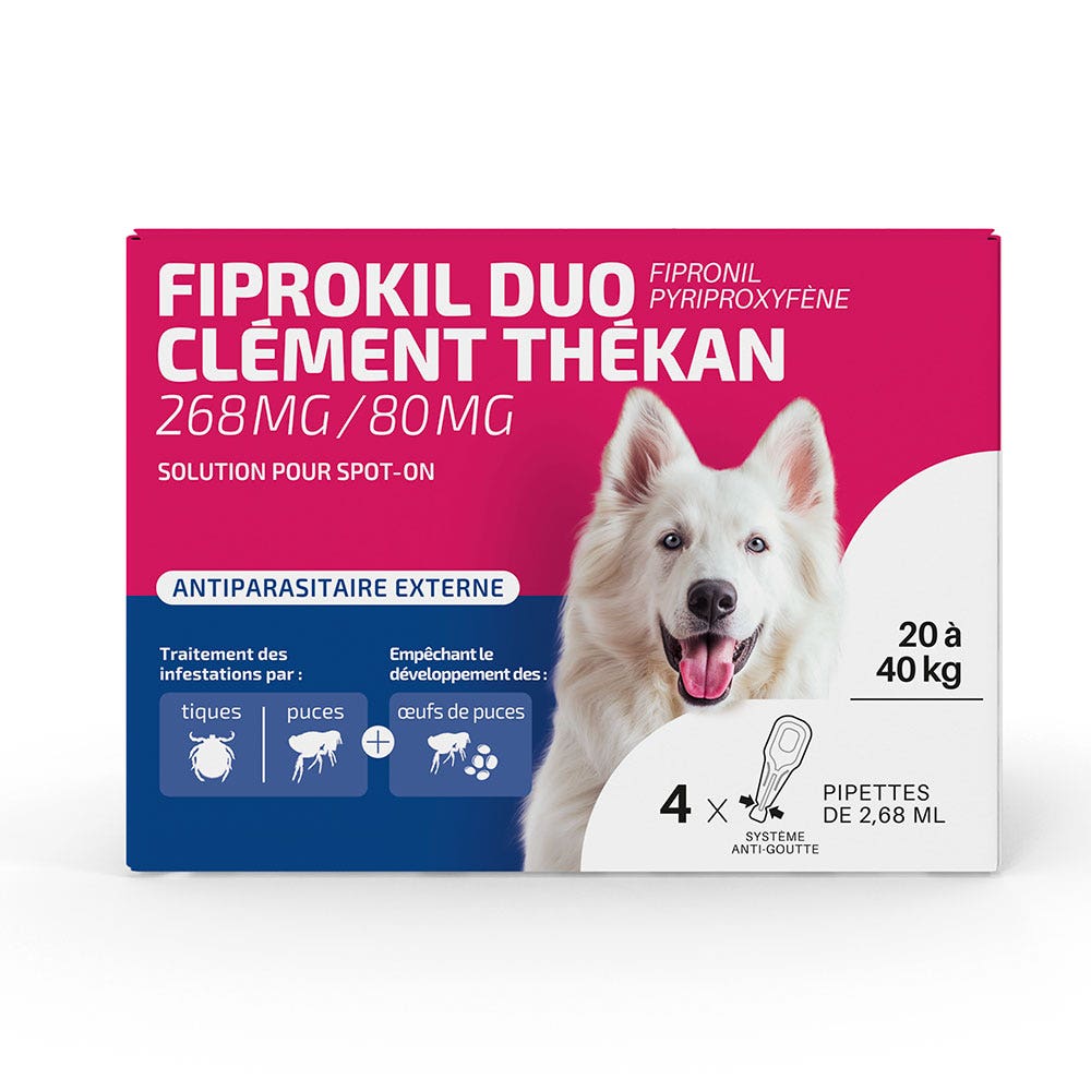 Clement-Thekan Fiprokil Anti-Puces Anti-Tiques Duo Chien 20-40kg 4 pipettes