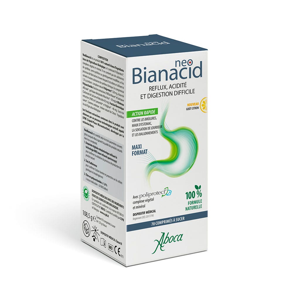 Aboca Neobianacid Reflux Acidité et Digestion Difficile Goût Citron 70 comprimés