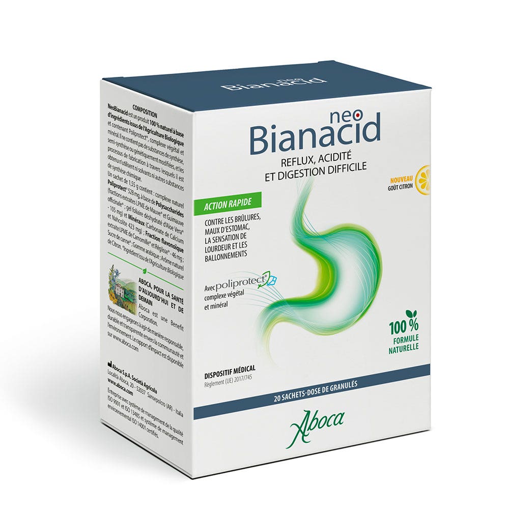 Aboca Neobianacid Reflux Acidité et Digestion Difficile Goût Citron 20 sachets granulés
