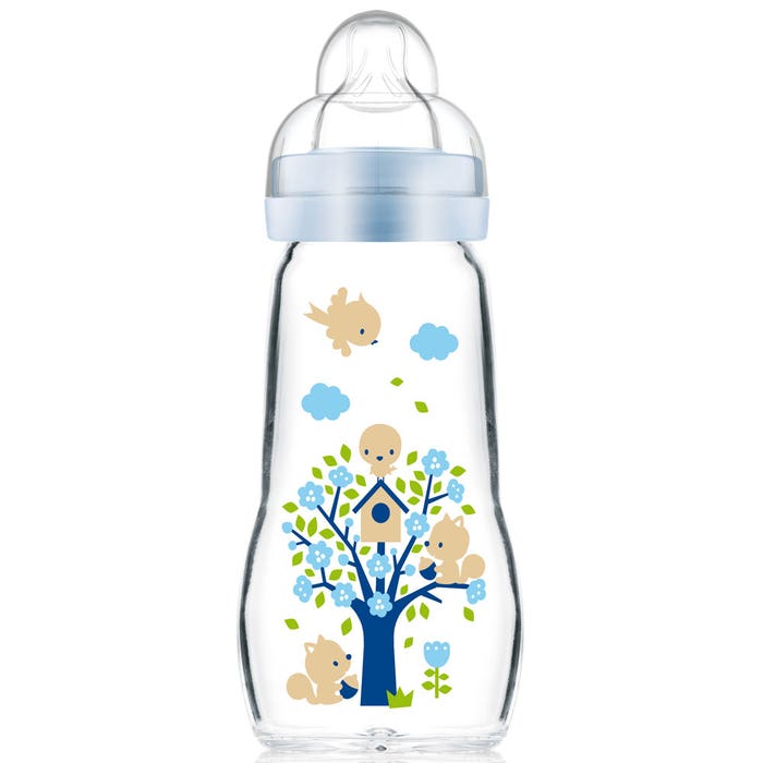 MAM Biberon en verre, 2-4 mois, 260 ml, avec tétine 2 de débit moyen en silicone, facile à nettoyer, Feel Good, bleu, lot de 1 MAM Biberon en verre, 2-4 mois, 260 ml, avec tétine 2 de débit moyen en silicone, facile à nettoyer, Feel Good, bleu, lot de 1