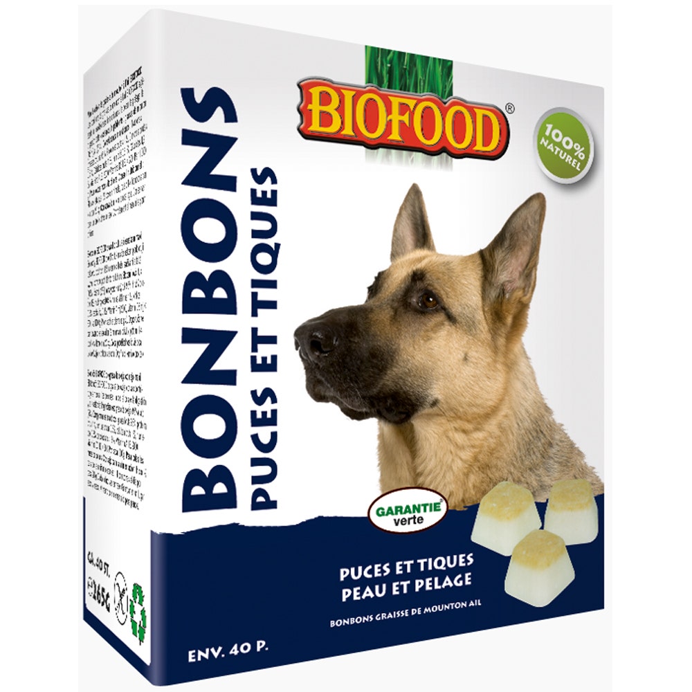 Biofood BF Petfood Bonbons Anti Puces Et Tiques Maxi Graisse De Mouton Et Ail Chien 40 Pièces