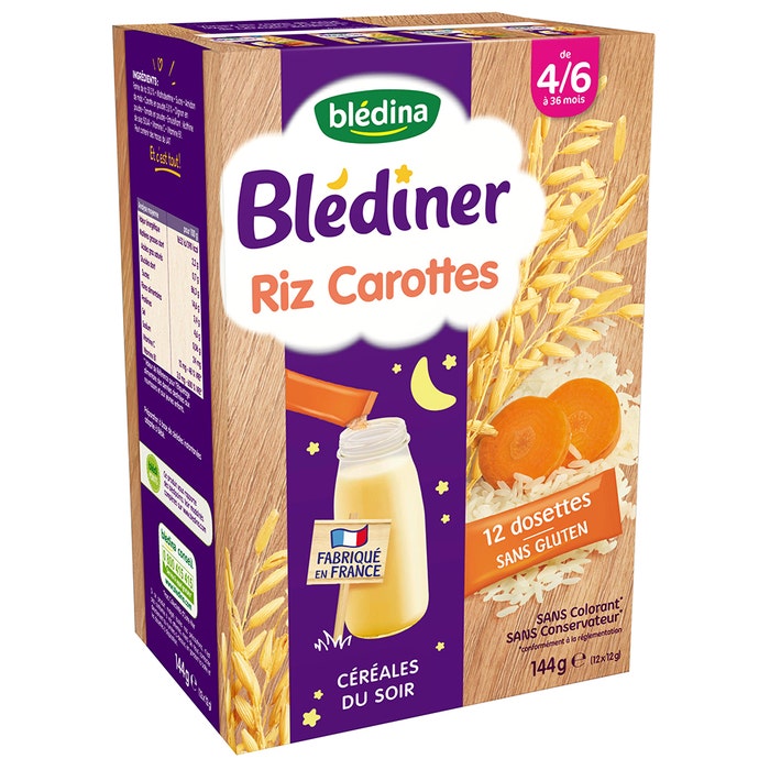 Blédina Blediner Cereales Du Soir Riz Carottes Sans Gluten Des 4 A 6 Mois 12 Dosettes