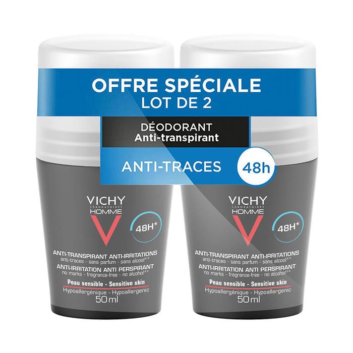 Vichy Homme Deodorant Bille Anti-transpirant 48h Peaux Sensibles 2x50 ml