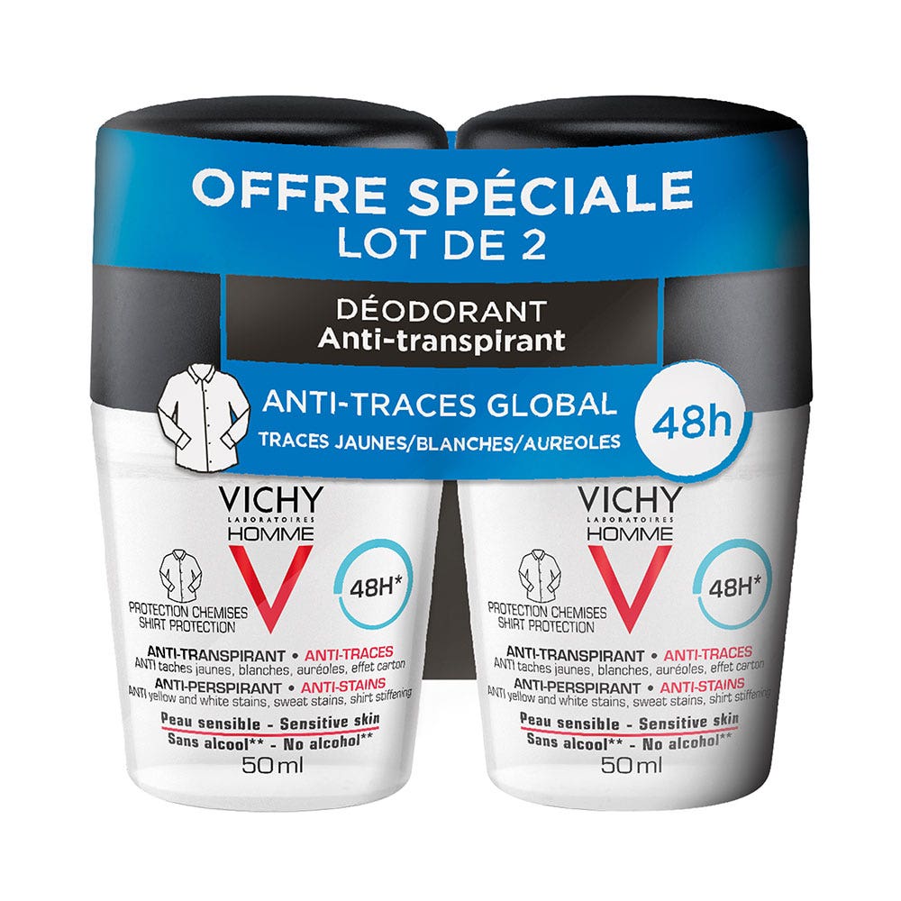 Vichy Homme Anti-transpirant Anti-traces 48h Roll-on 2x50ml