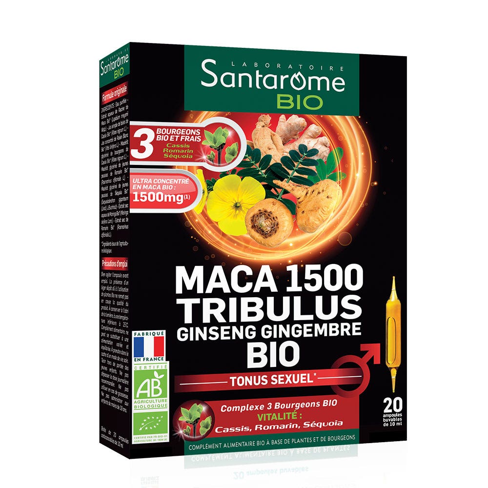 Santarome Maca 1500 Tribulus Ginseng Gingembre Bio Tonus Sexuel 20 Ampoules x 10ml