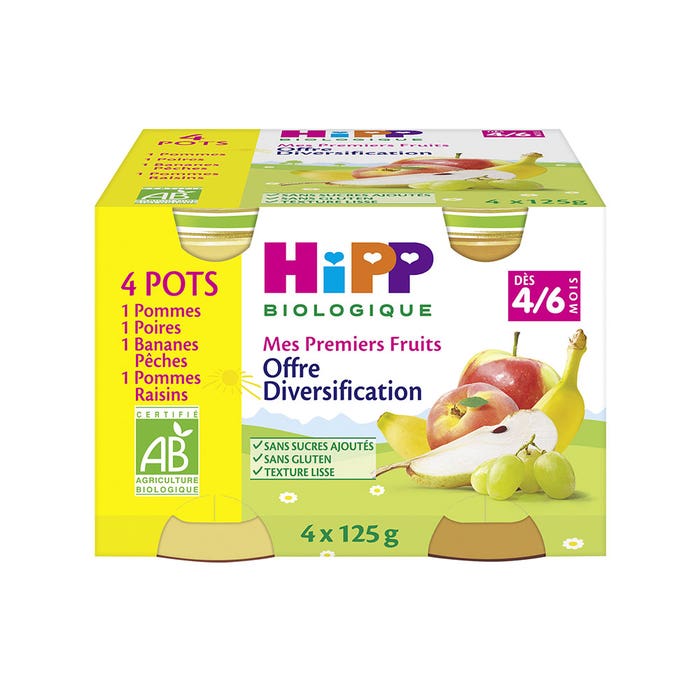 Hipp Petits Pots Diversification Bio Mes Premiers Fruits Des 4 A 6 Mois Biologique 4x125g