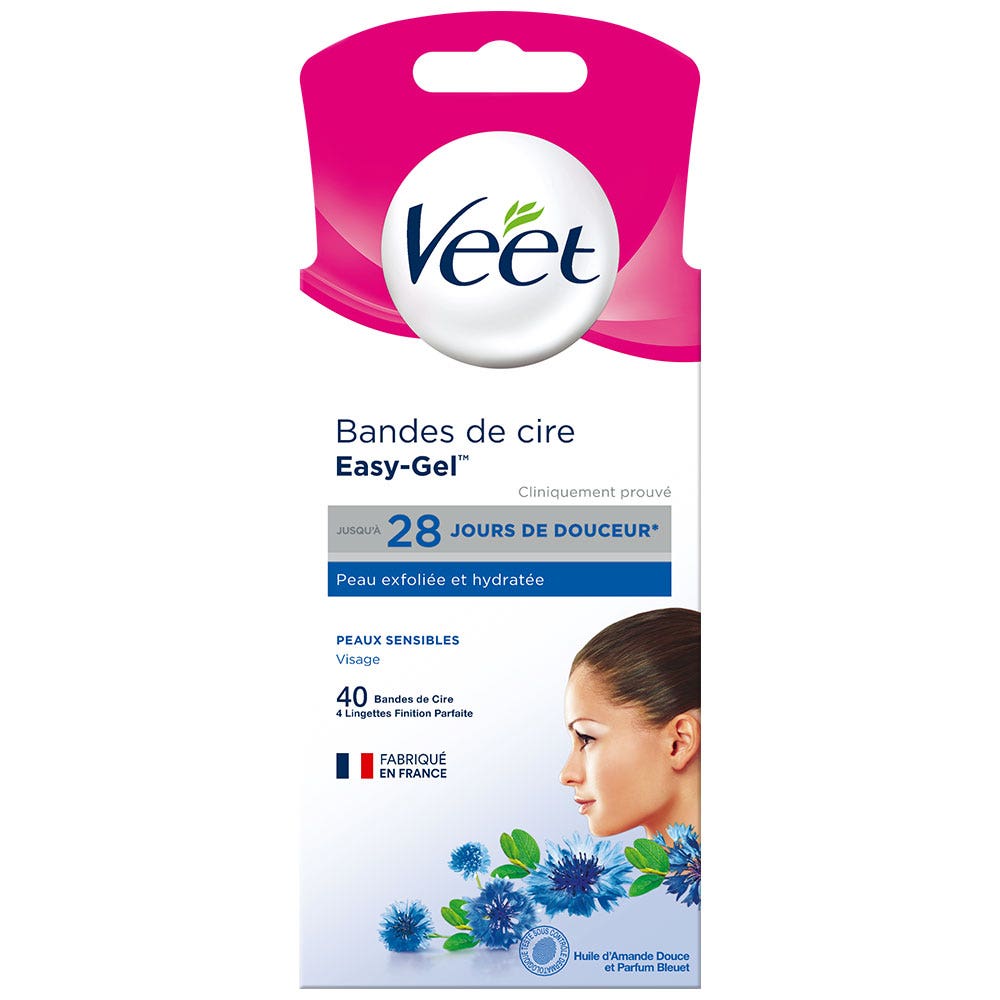 Veet Bandes De Cire Visage Peaux Sensibles x40 + 4 Lingettes