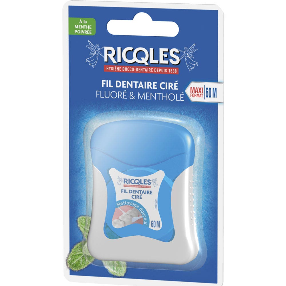 Ricqles Fil Dentaire Ciré Fluroé et Mentholé A La Menthe Poivrée 60m