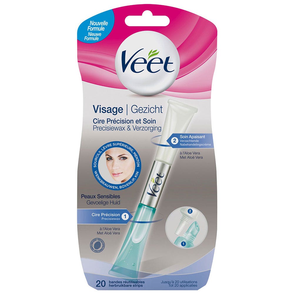 Veet Cire Depilatoire Visage Precision Flacon + 20 Bandes Peaux Sensibles 15ml