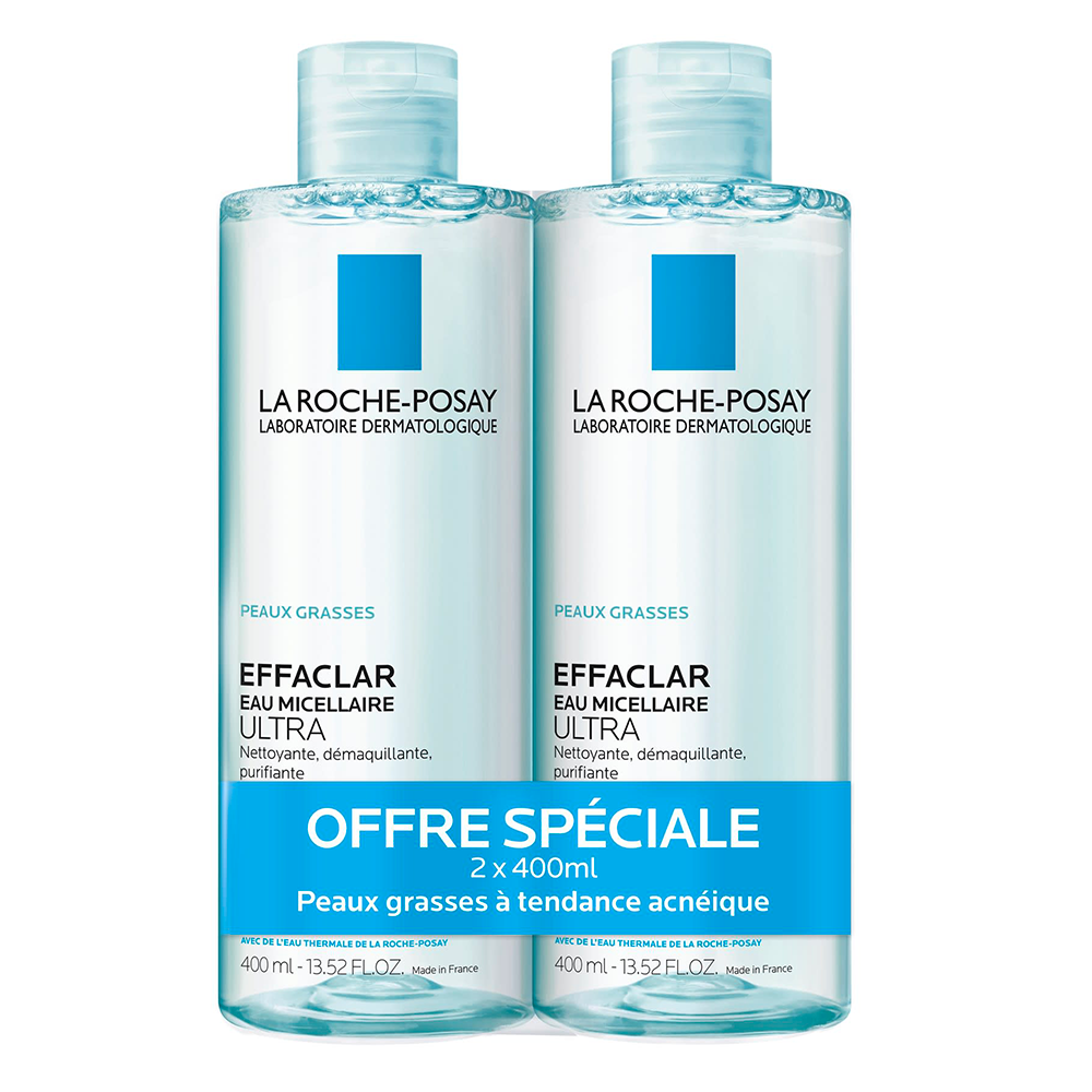 La Roche-Posay Effaclar Eau Micellaire Ultra Nettoyante Démaquillante Purifiante Peaux Grasses 2x400ml