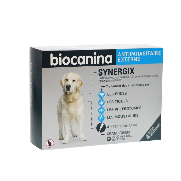 SYNERGIX GRAND CHIEN 268MG 4 pipettes Antiparasitaire externe Biocanina
