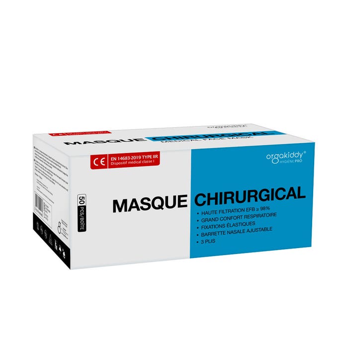 Masques chirurgicaux Adultes 3 plis x50 Marquage CE - Norme EN14683-2019 TYPE IIR Orgakiddy