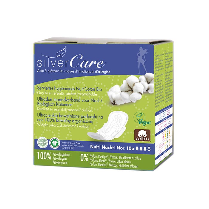 Serviettes hygieniques nuit en coton bio x10 Silver Care