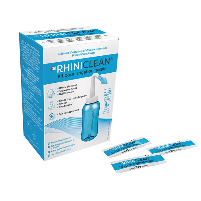 Kit pour Irrigation nasale + 10 sachets de sels inclus Douche nasale Rhiniclean