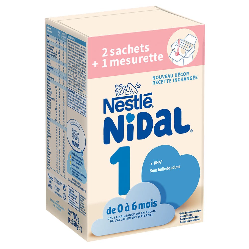Nestlé Nidal Lait En Poudre 1 + Mesurette 0-6 Mois 2 Sachets de 350g