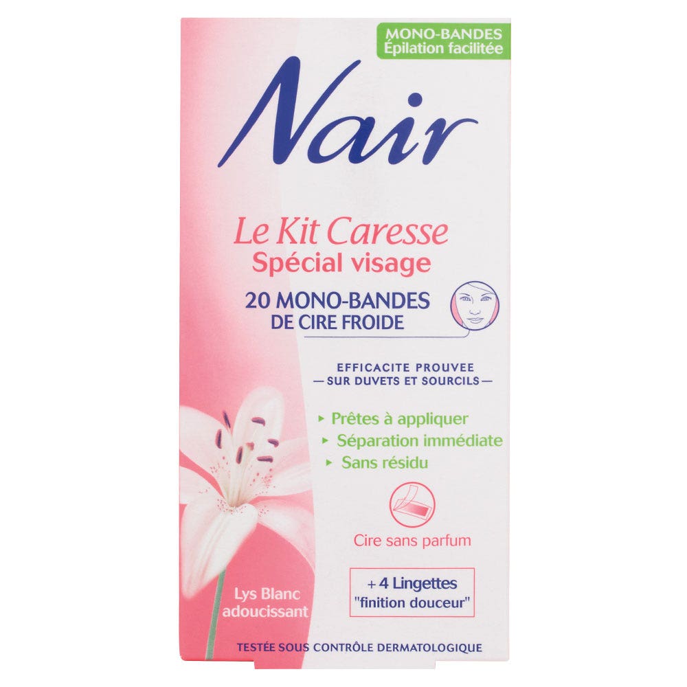 Nair Le Kit Caresse Bandes de cire Spécial Visage 20 mono bandes + 4 lingettes