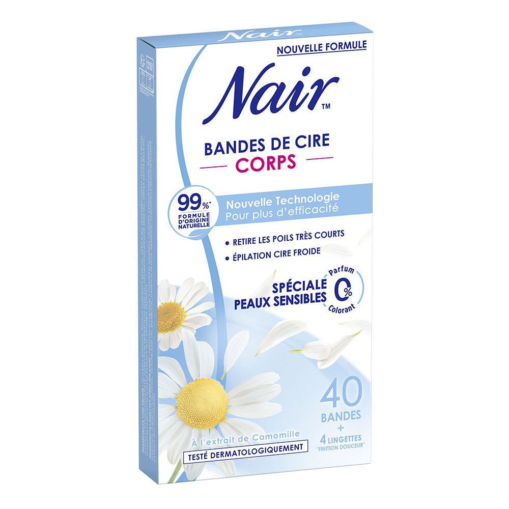 Nair Bandes de cire Corps Peaux sensibles 40 bandes + 4 lingettes