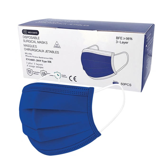 Masques chirurgicaux jetables bleu x50 Type IIR EN 14683:2019+AC:2019 Vog Protect