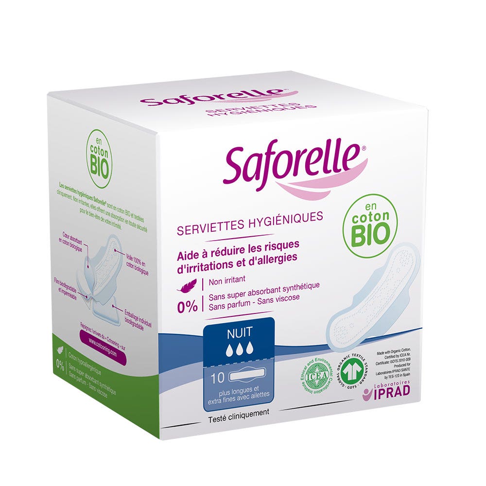 Saforelle Serviettes Hygiéniques Nuit avec ailettes coton bio x10
