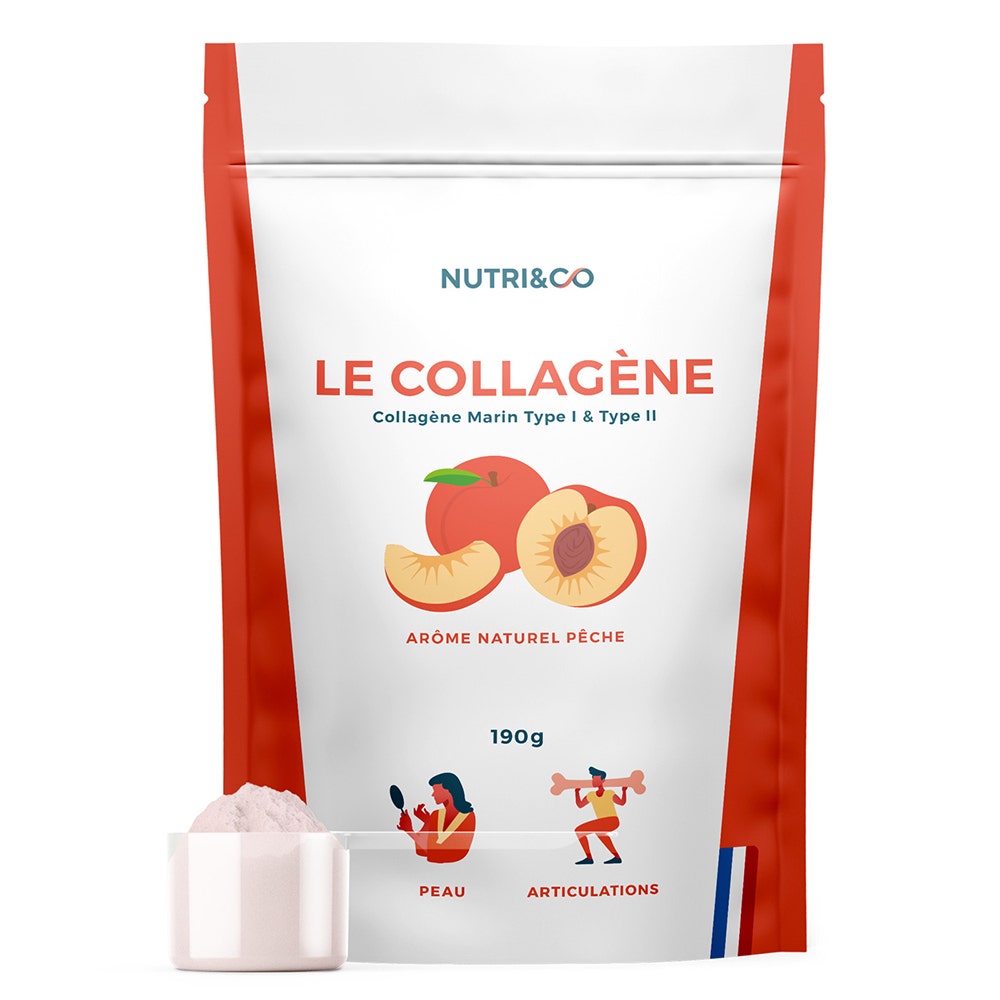 NUTRI&CO Collagène Marin Breveté Types 1 & 2 Poudre Peau Ferme Saveur Pêche 190g