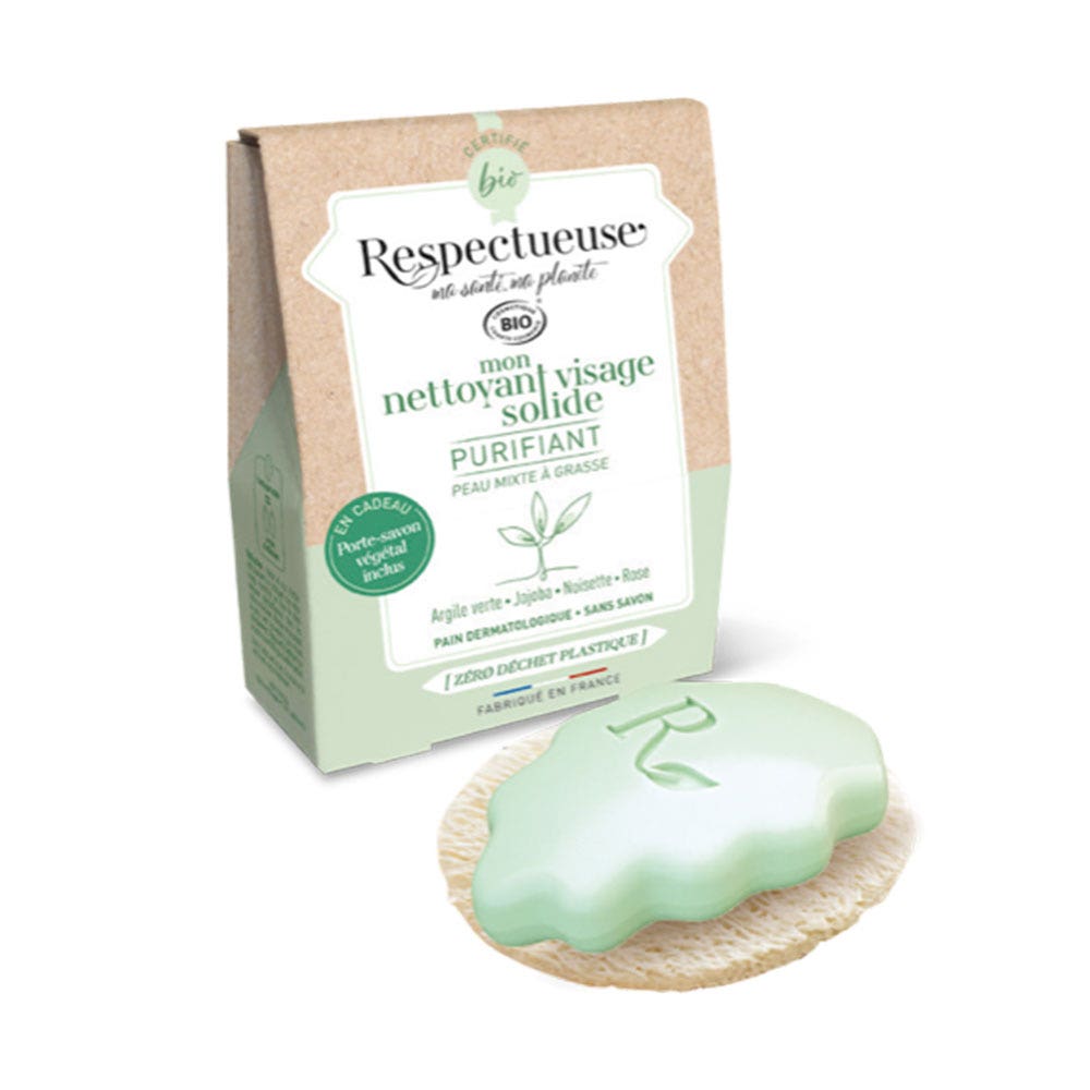 Respectueuse Mon nettoyant visage solide Purifiant bio + porte savon végétal offert 35g