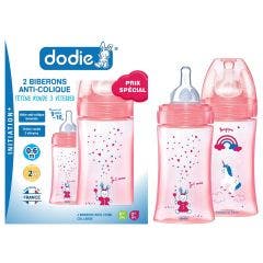 DODIE COFFRET INITIATION+ FILLE 2 BIBERONS TETINES DEBIT 2 ANTI-COLIQUES 0-6 MOIS  270ML