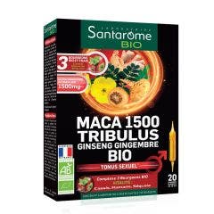 Maca 1500 Tribulus Ginseng Gingembre Bio Tonus Sexuel 20 Ampoules x 10ml Santarome