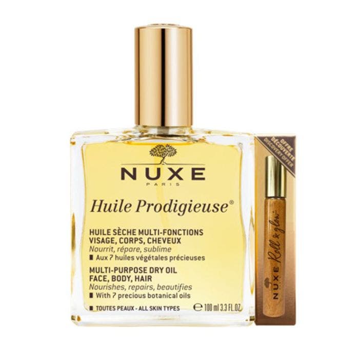 Huile Sèche Multi-fonctions 100ml + Roll on Or 8ml Huile Prodigieuse Visage Corps Et Cheveux Nuxe