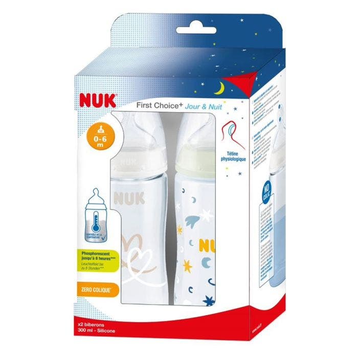 Biberon En Silicone Jour/Nuit 2x300ml First Choice+ avec Temperature Control 0 à 6 Mois Nuk