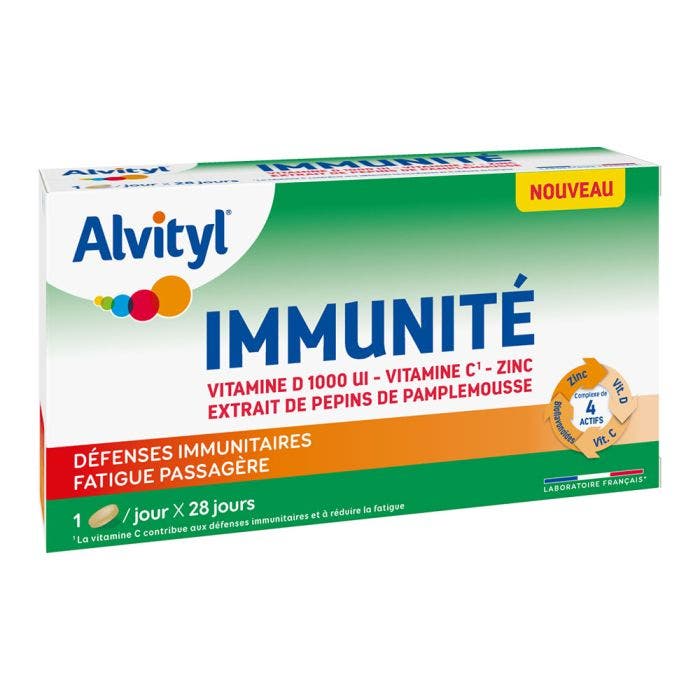 Immunité - Vitamines D,C, Zinc, extrait de pépins de pamplemousse 28 comprimés Alvityl