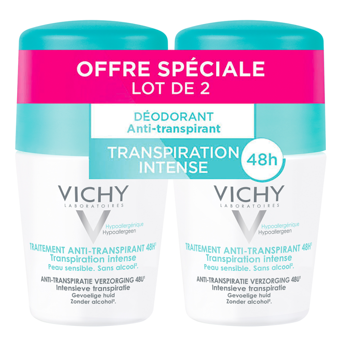 Anti-Transpirant Efficace 48h Transpiration Intense 2x50ml Déodorant Roll-on Peaux Sensibles Vichy