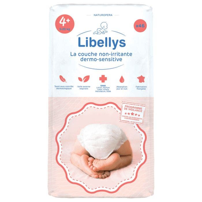 Couches non-irritantes dermo-sensitive x46 Taille 4+ De 9 à 20Kg Libellys