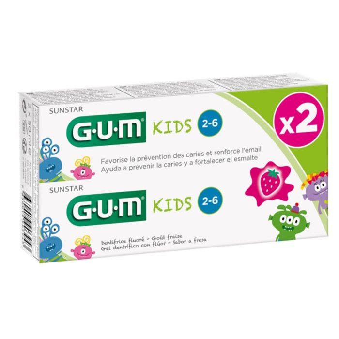 Dentifrice fluore a la Fraise 2x50ml Kids De 2 a 6 ans Gum