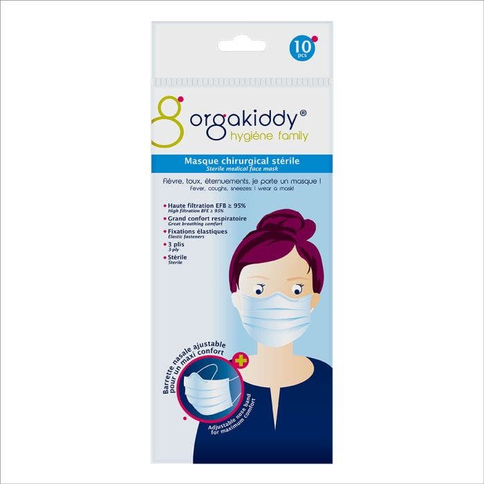 Masques Adultes chirurgicaux 3 plis x10 Marquage CE - Norme EN14683-2019 TYPE I Orgakiddy