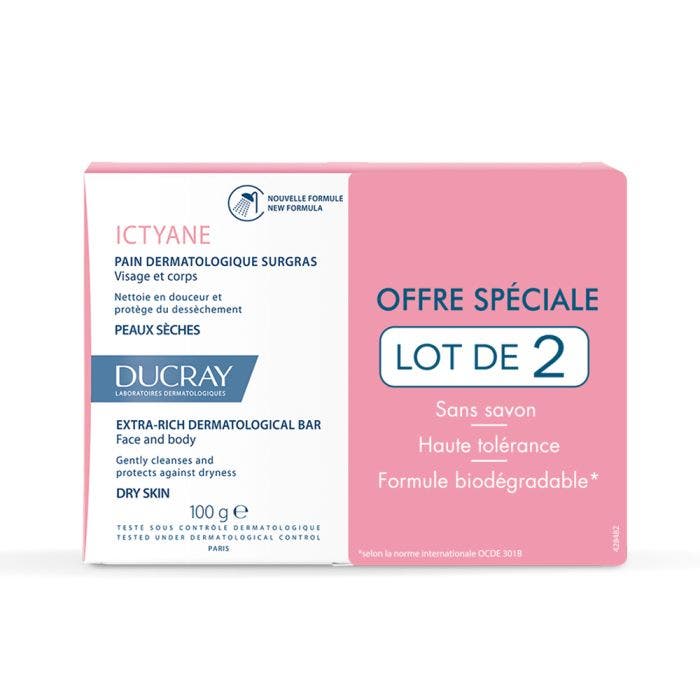 Pain Dermatologique Surgras Visage Et Corps Peaux Seches 2x100g Ictyane Ducray
