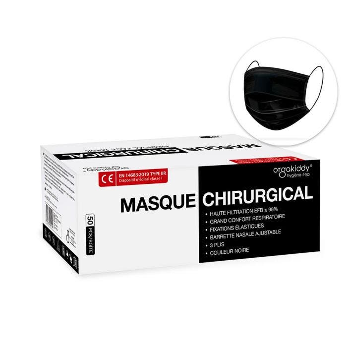 Masques chirurgicaux Noirs Adultes 3 plis x50 Marquage CE - Norme EN14683-2019 TYPE IIR Orgakiddy