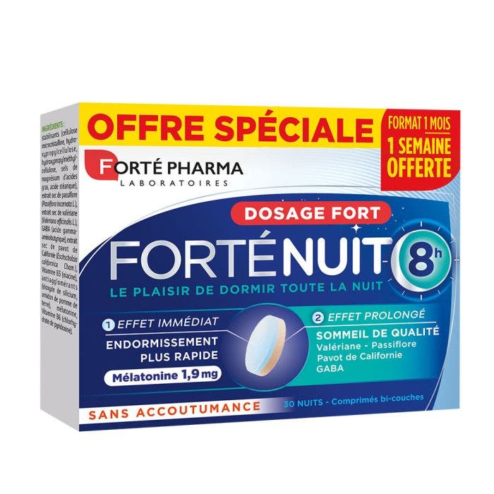 Sommeil 8H Mélatonine et Plantes 30 comprimés bi-couches Forté Nuit Endormissement plus rapide et Sommeil de qualité Forté Pharma