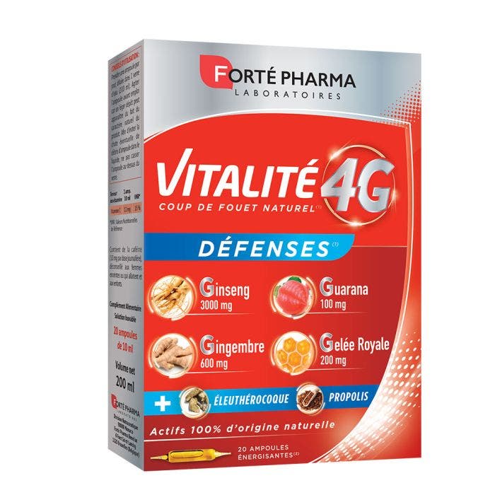 Dynamisant Naturel et Défenses au Ginseng et Gelée Royale et Propolis 20 ampoules Vitalité 4G Forté Pharma