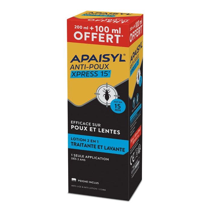 Lotion anti-poux xpress agit en 15min 200ml + 100ml Offert Anti-Poux Apaisyl